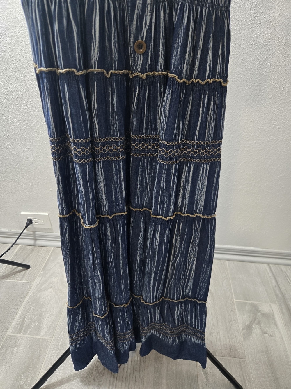 Smocked Navy Blue Tiered Maxi Dress with Button Front - Picture 3 of 10